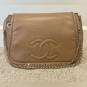 XL Chanel Half Moon Chain Flap Shoulder Bag Caviar Skin beige